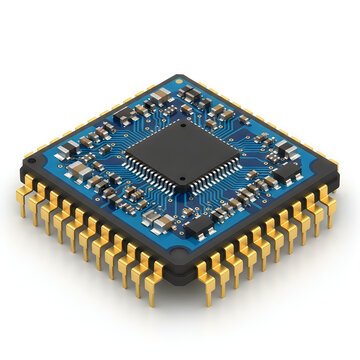 Modern microchip with golden pins close-up view