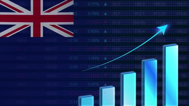 UK economy growth concept background.British stock exchange.United Kingdom flag with stock market graph and bar