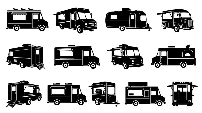 Food Truck and Mobile Catering Trailer Silhouette Vector Icon Collection Set