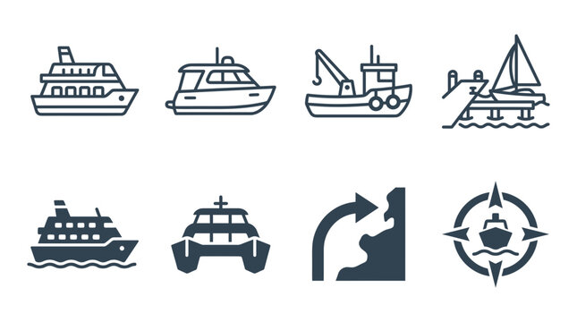 Set of marine transport and nautical icons in outline and glyph styles with transport nautical sailboat navigation