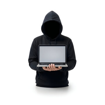 Person in hoodie holding laptop anonymously