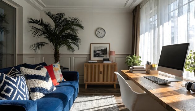 Modern home office and living area with blue sofa and wooden desk