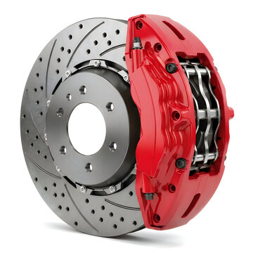 Red brake caliper and silver brake disc