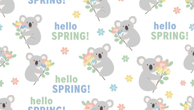 Cute koala holding flowers with hello spring text