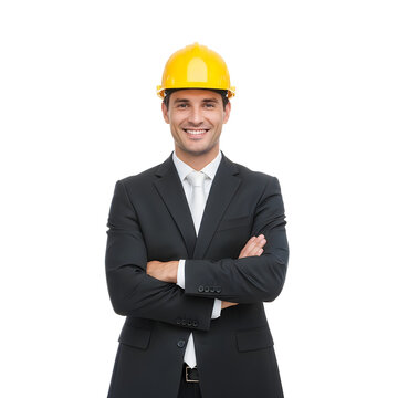 Smiling man in suit wearing yellow hard hat
