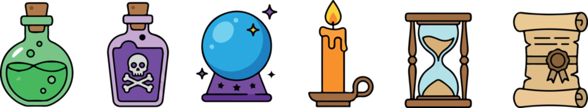 Whimsical cartoon illustration of magical objects and antiques