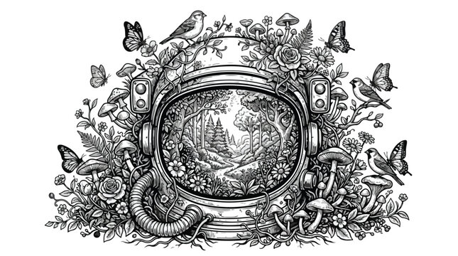 Vintage astronaut helmet engraving with forest landscape, surreal space suit with blooming flowers and butterflies, black and white nature vector art