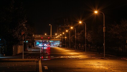 Obraz premium City street at night with glowing street lights, wet road reflections