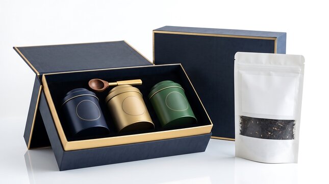 A gift box containing three wrapped tea tins and a scoop next to a sealed tea bag package on a white surface