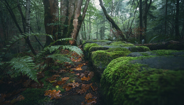 Moss Covered Pathway in Forest Scene for Nature Background