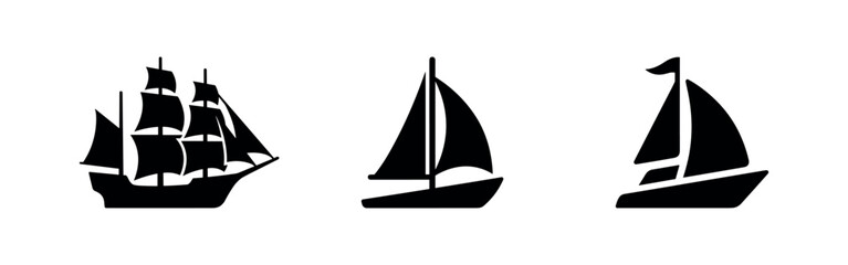 Collection of sailing ship and sailboat silhouettes, symbolizing sea travel, adventure, and classic maritime history. © Lili