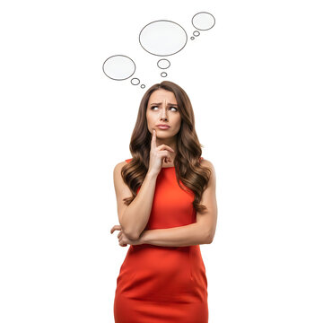 Thoughtful woman with thinking pose and speech bubbles