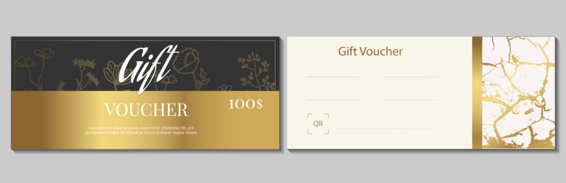 Luxury gift voucher template set. Two horizontal black coupons with gold and silver cracked foil texture. Elegant modern vector design for premium retail, spa, or boutique.