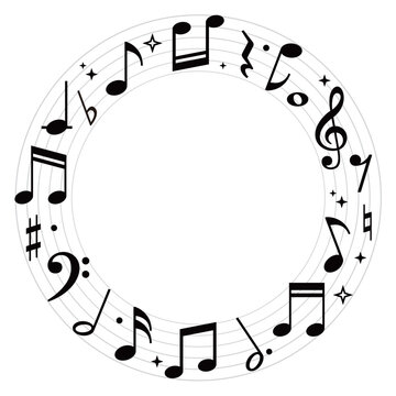 Circular frame design with musical stave, notes and clefs