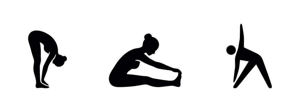 Black silhouette icons of people in forward fold, seated stretch, and triangle yoga poses
