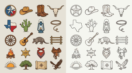 Collection of Western and Texas themed icons and illustrations, including cowboy boots, hats, longhorn skulls, cacti, and more. © renender