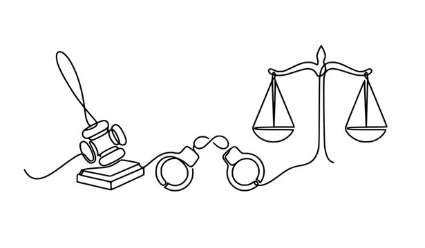 Modern Continuous One Line Justice Symbols Vector with Gavel Handcuffs and Scales
