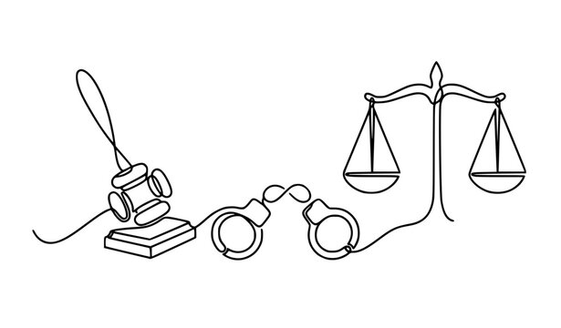 Minimal One Line Justice Icon with Judge Gavel Handcuffs and Balance Scales Vector