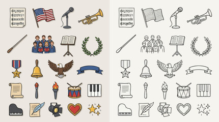 Collection of musical and patriotic icons, including instruments, symbols, and awards, presented in both color and outline styles. © renender