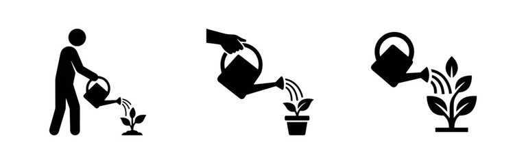 Silhouette icons of a person watering plants with a watering can on a white background. © Lili
