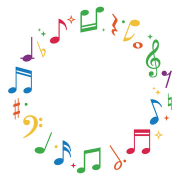 Circular frame design with colorful musical notes and symbols