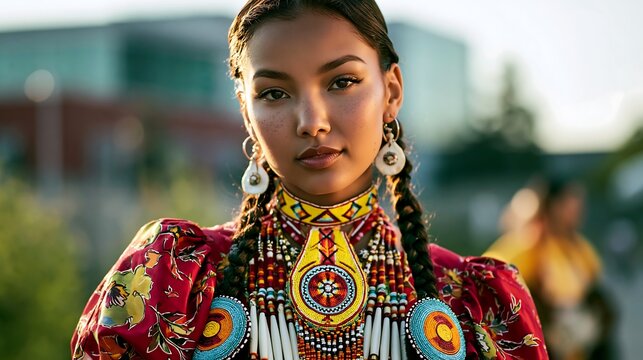 Indigenous woman looks directly at the camera while proudly wearing traditional attire outdoors under natural light.