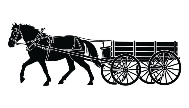 Imagine prompt: silhouette of horse pulling old wooden wagon