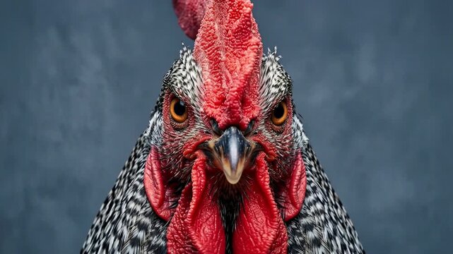 Close-up portrait of a majestic rooster with striking red comb and black and white feathers