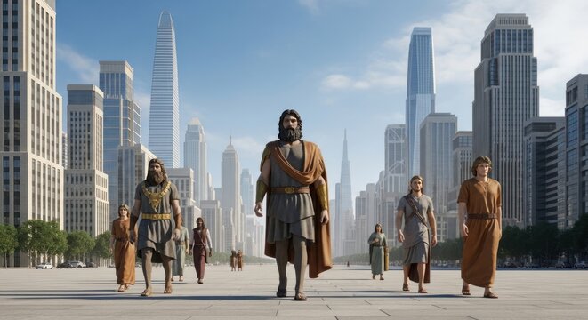 Group of ancient Greek men and women in traditional tunics walking through a modern city street with tall skyscrapers under a clear blue sky during the daytime hours