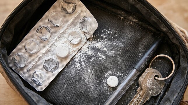 Substance abuse and drug addiction concept with crushed white pills and empty blister pack inside dark bag. Featuring white powder residue, pen, and keys on table.