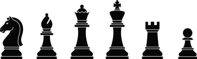 Black Chess Pieces Silhouette Set with King Queen Rook Bishop Knight and Pawn Vector Collection © Arifa