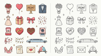 Collection of wedding and prom icons, including dresses, rings, gifts, and transportation, in both color and outline versions. © renender