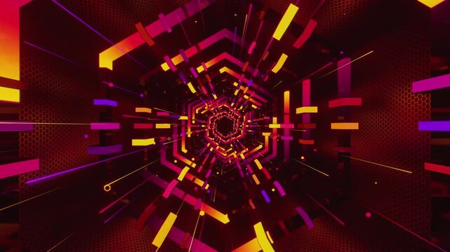 Hypnotic seamless loop of a futuristic hexagonal tunnel. Abstract digital vortex made of glowing hexagon structures and grid patterns, creating a deep perspective background for VJ stage screens