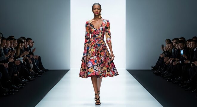 Elegante sfilata di moda con abito di design su passerella luminosa, risalto su carnagione scura, tessuti pregiati e portamento fiero, silhouette, luci, raso