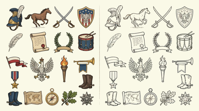 Collection of historical symbols and emblems, including military items, flags, and animals, presented in both color and outline styles.