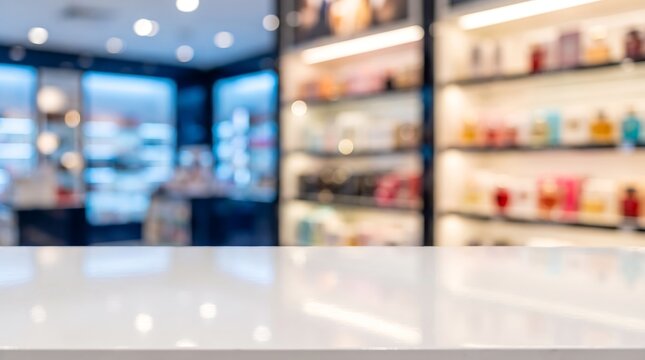 Empty white table top with blurred perfume store background for cosmetic product presentation mockup and retail display