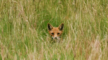 Fototapeta premium Fox resting in tall grass in a field during daytime