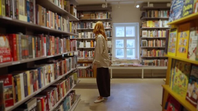 Young woman choosing a book in a cozy library bookstore