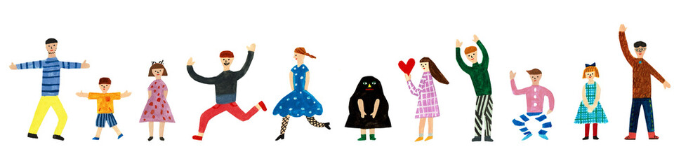 手描き風のさまざまなポーズの人物イラストセット（白背景・水彩・子どもから大人まで）