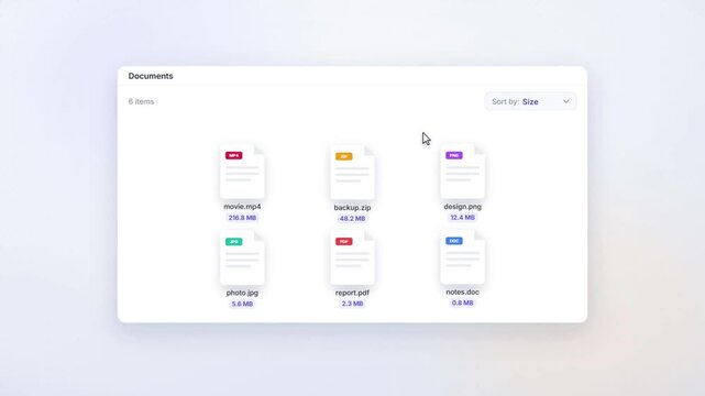 Digital file management interface animation demonstrating sorting documents by file size