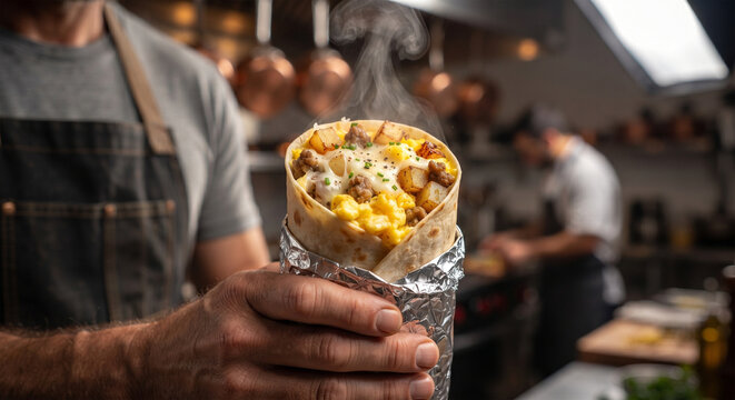 A professional action shot of a hand holding a foil-wrapped breakfast burrito that has been peeled back at the top. The image captures the "nestled" nature of the ingredients 