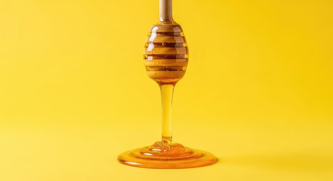 Thick golden honey flowing slowly from a carved wooden dipper, creating smooth ripples against a solid bright yellow studio backdrop, slow, food, isolated