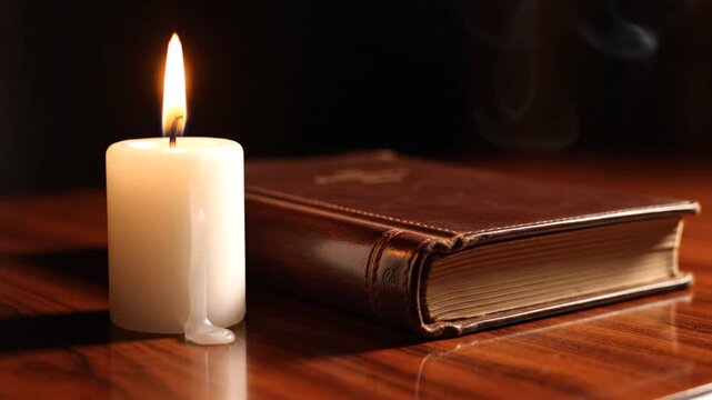 Lit candle next to leather book on wooden table