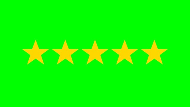 Five bright golden stars arranged in a horizontal row signify high quality ratings or excellent performance metrics for various digital feedback systems and commercial customer satisfaction