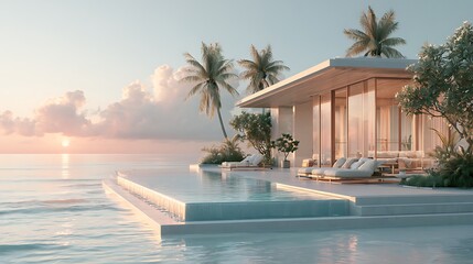 Fototapeta premium Villa stunning infinity pool at luxury tropical villa, overlooking ocean, sunset colors, nobody visible, luxury hospitality, realistic architecture photography, 8k 