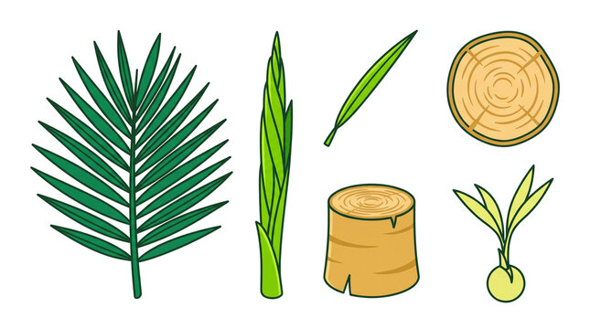 Tropical palm tree botanical set, green palm fronds and leaves, wooden tree trunk and cross section wood slices, 6 botanical elements isolated PNG with Transparent Background