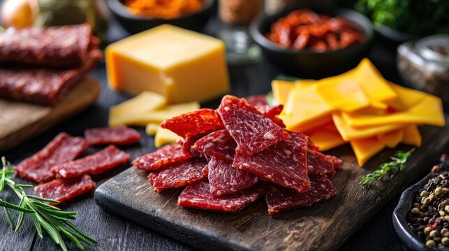 A dark wooden table displays a collection of dried beef jerky, various cheeses, and spices. A wooden cutting board holds a generous pile of the red jerky.