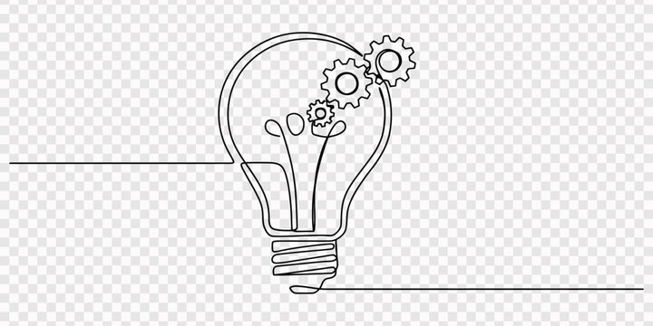Continuous one single line drawing innovation Light bulb and gears inside icon vector illustration concept, One single line drawing of lightbulb with metal gear wheel inside for machine company logo