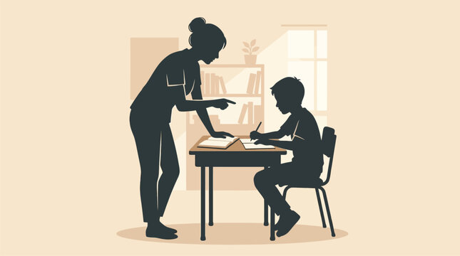 Back to school silhouette of teacher helping student with homework educational support illustration isolated on transparent background