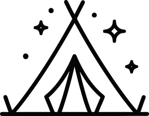Hand-drawn teepee tent with sparkling stars, simple outline illustration. © Febryy